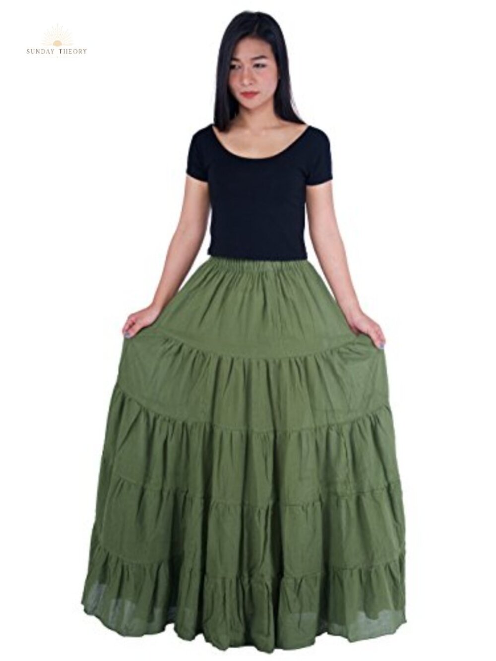 100% Cotton Long Ruffle Maxi Skirt Full Circle Elastic Waist Handmade
